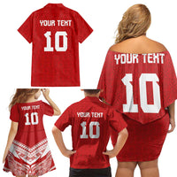 Custom Tonga Rugby Family Matching Off Shoulder Short Dress and Hawaiian Shirt Ngatu Motifs and Pacific Patterns