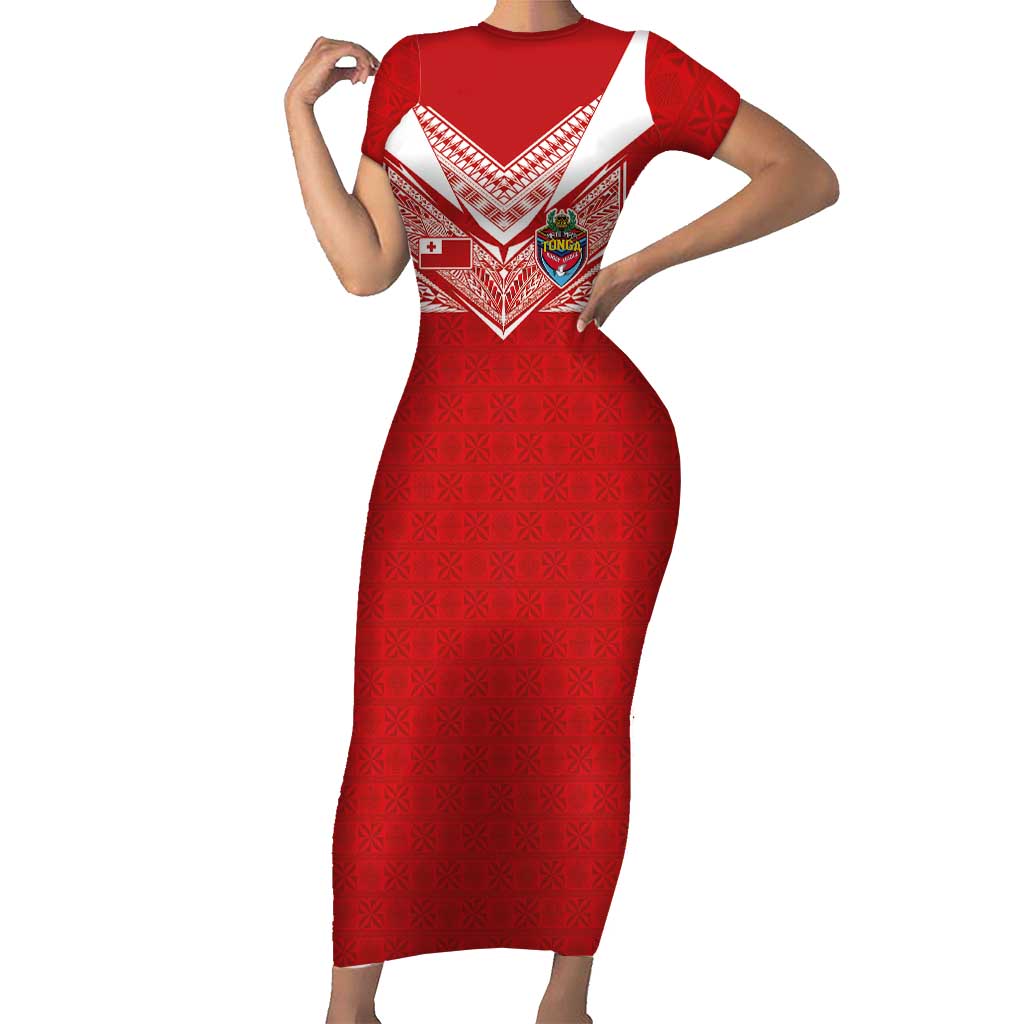 Custom Tonga Rugby Short Sleeve Bodycon Dress Ngatu Motifs and Pacific Patterns