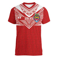 Custom Tonga Rugby Women V-Neck T-Shirt Ngatu Motifs and Pacific Patterns LT03 Female Red - Polynesian Pride