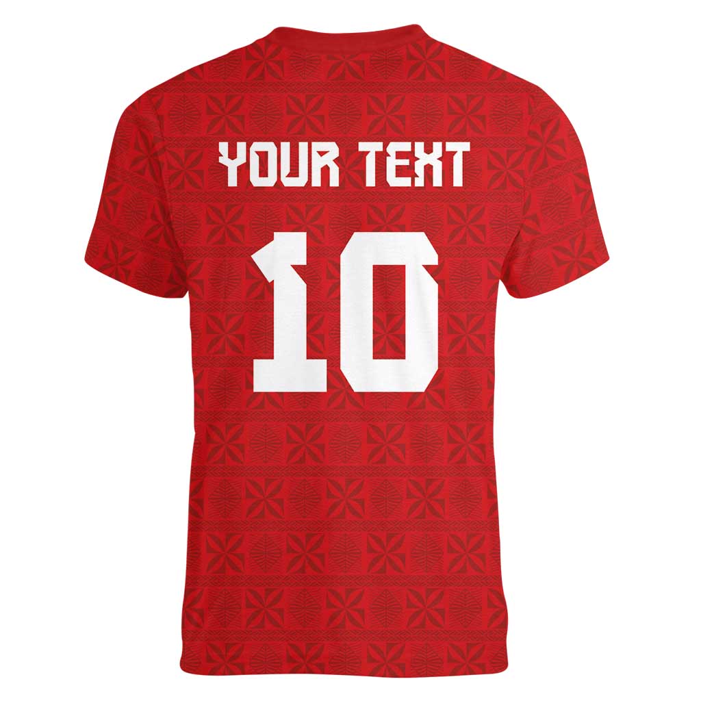 Custom Tonga Rugby Women V-Neck T-Shirt Ngatu Motifs and Pacific Patterns LT03 - Polynesian Pride