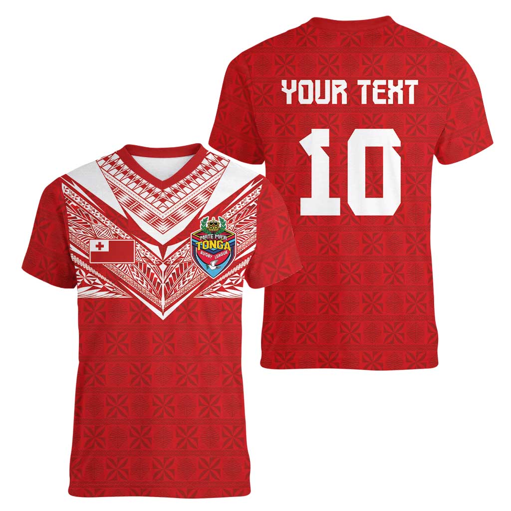 Custom Tonga Rugby Women V-Neck T-Shirt Ngatu Motifs and Pacific Patterns LT03 - Polynesian Pride