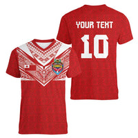 Custom Tonga Rugby Women V-Neck T-Shirt Ngatu Motifs and Pacific Patterns LT03 - Polynesian Pride