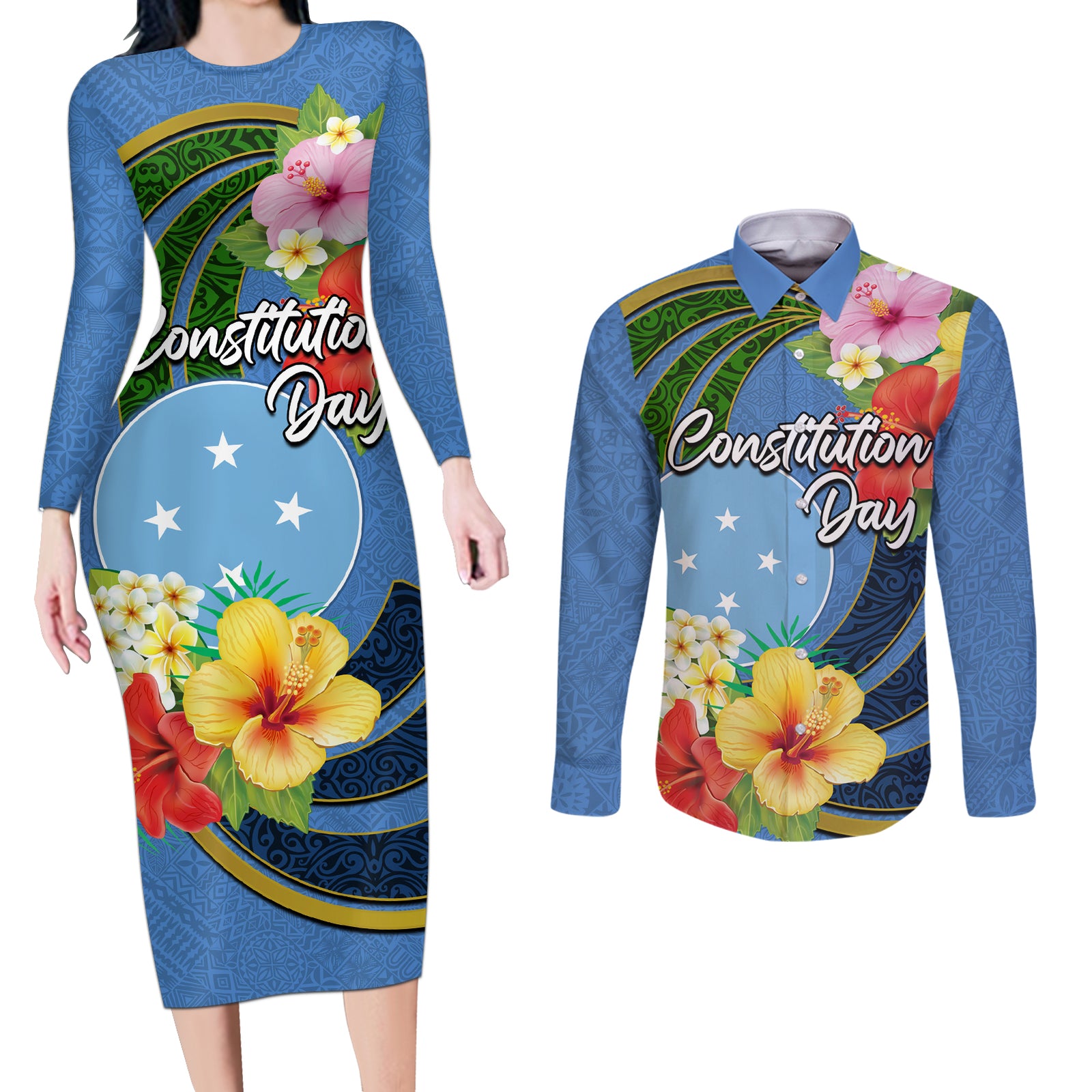 Micronesia Constitution Day Couples Matching Long Sleeve Bodycon Dress and Long Sleeve Button Shirt Hibiscus and Tapa Tribal Pattern LT03 Blue - Polynesian Pride