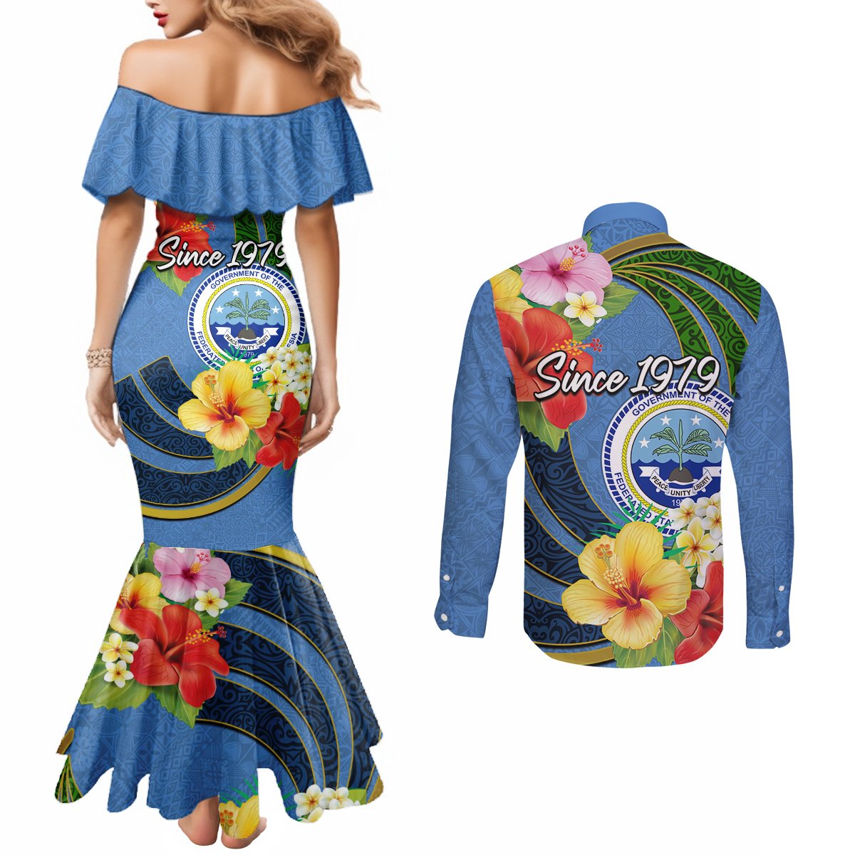 Micronesia Constitution Day Couples Matching Mermaid Dress and Long Sleeve Button Shirt Hibiscus and Tapa Tribal Pattern LT03 - Polynesian Pride