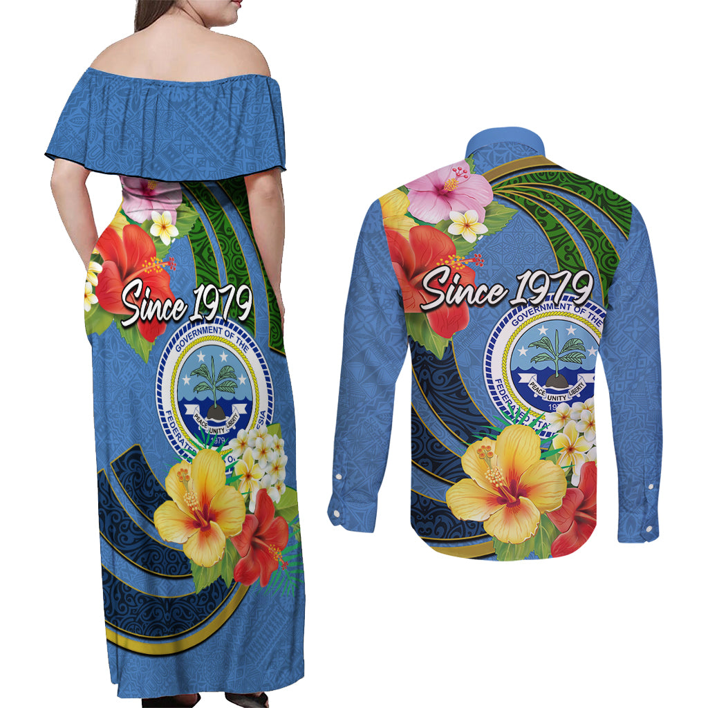 Micronesia Constitution Day Couples Matching Off Shoulder Maxi Dress and Long Sleeve Button Shirt Hibiscus and Tapa Tribal Pattern LT03 - Polynesian Pride