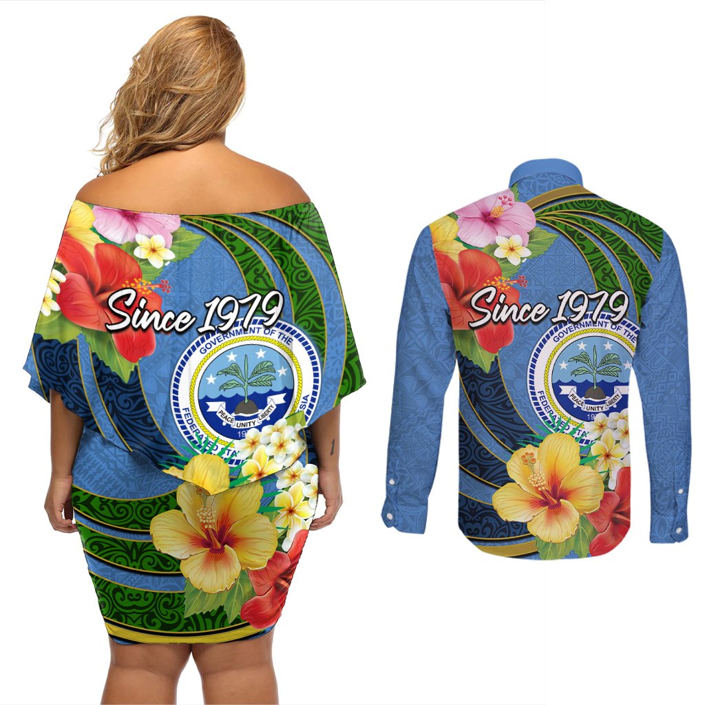 Micronesia Constitution Day Couples Matching Off Shoulder Short Dress and Long Sleeve Button Shirt Hibiscus and Tapa Tribal Pattern LT03 - Polynesian Pride