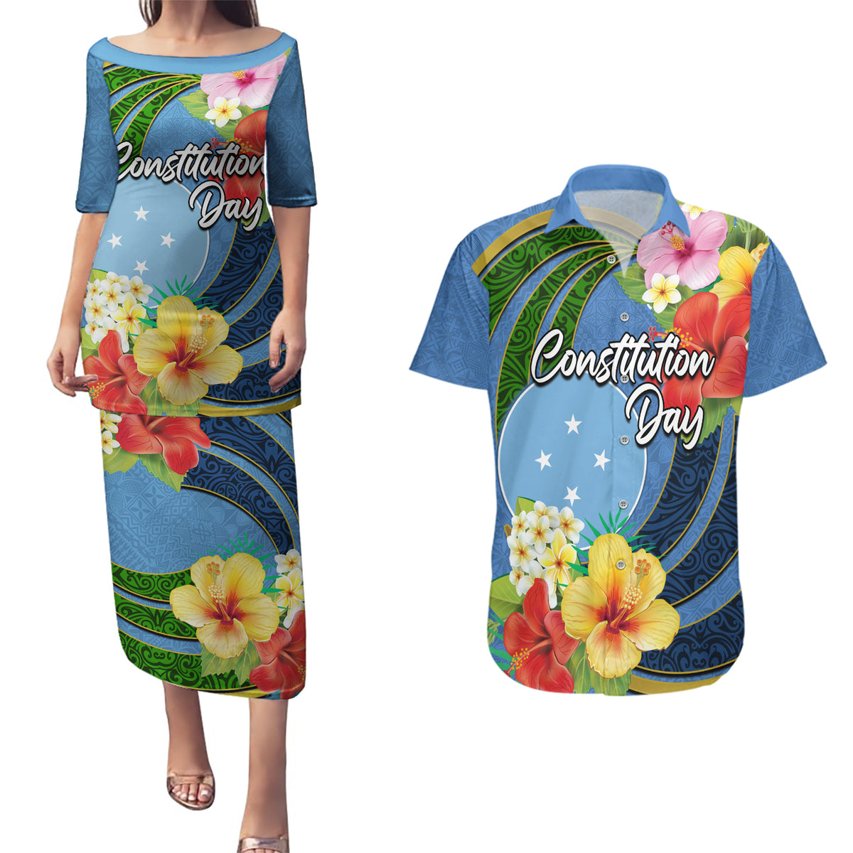 Micronesia Constitution Day Couples Matching Puletasi and Hawaiian Shirt Hibiscus and Tapa Tribal Pattern LT03 Blue - Polynesian Pride