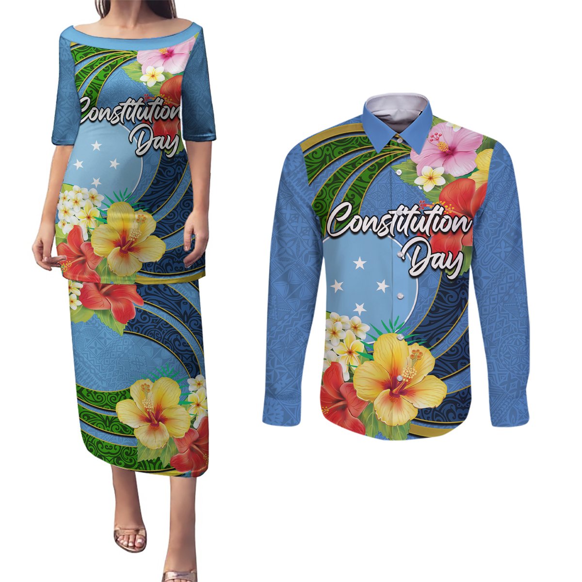 Micronesia Constitution Day Couples Matching Puletasi and Long Sleeve Button Shirt Hibiscus and Tapa Tribal Pattern LT03 Blue - Polynesian Pride