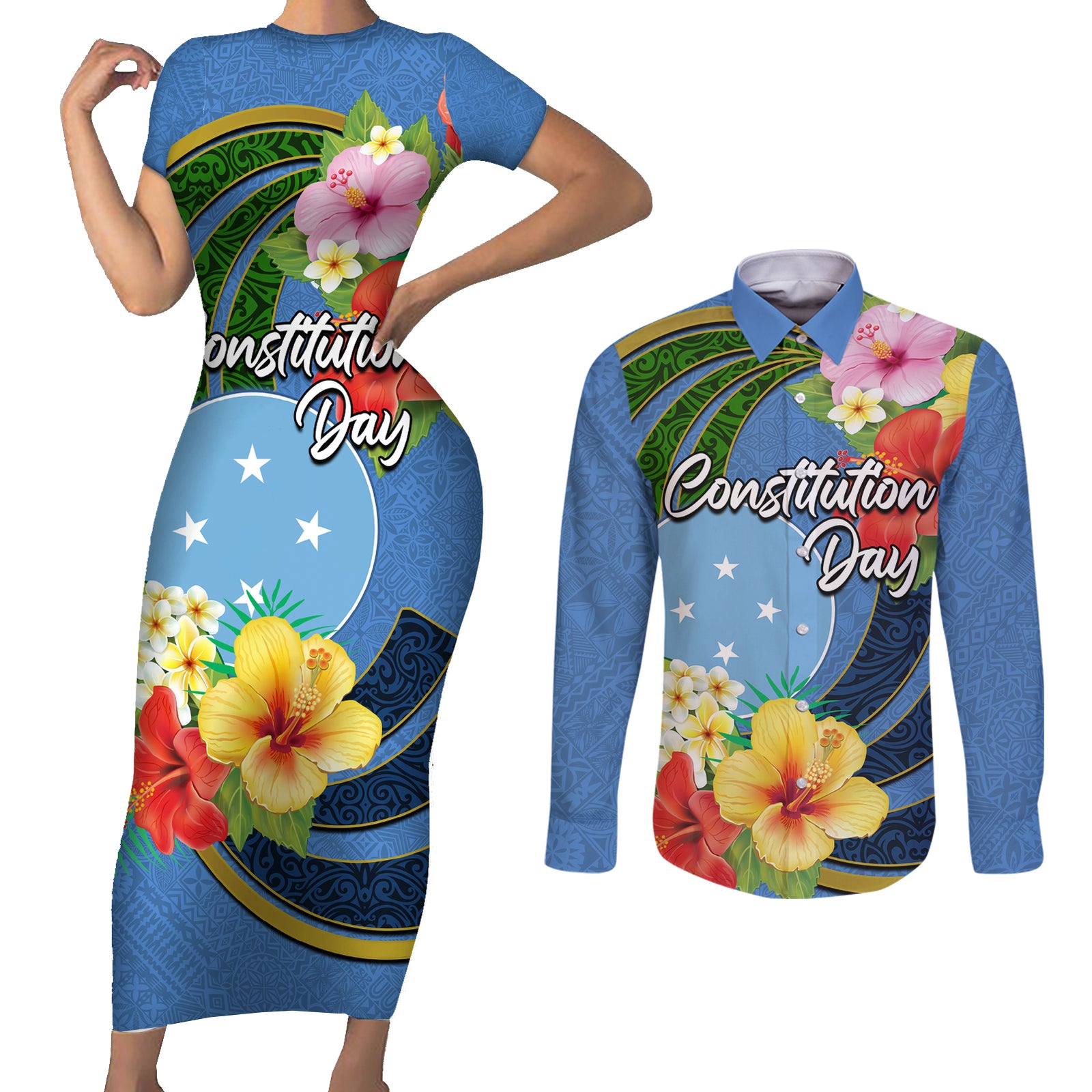 Micronesia Constitution Day Couples Matching Short Sleeve Bodycon Dress and Long Sleeve Button Shirt Hibiscus and Tapa Tribal Pattern LT03 Blue - Polynesian Pride