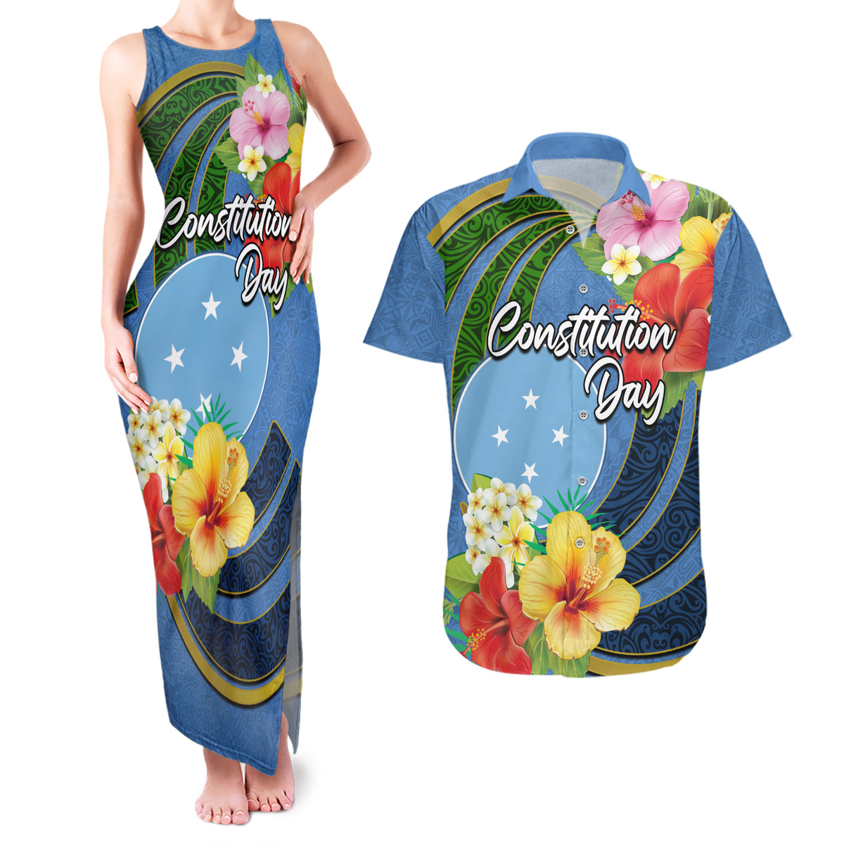 Micronesia Constitution Day Couples Matching Tank Maxi Dress and Hawaiian Shirt Hibiscus and Tapa Tribal Pattern LT03 Blue - Polynesian Pride