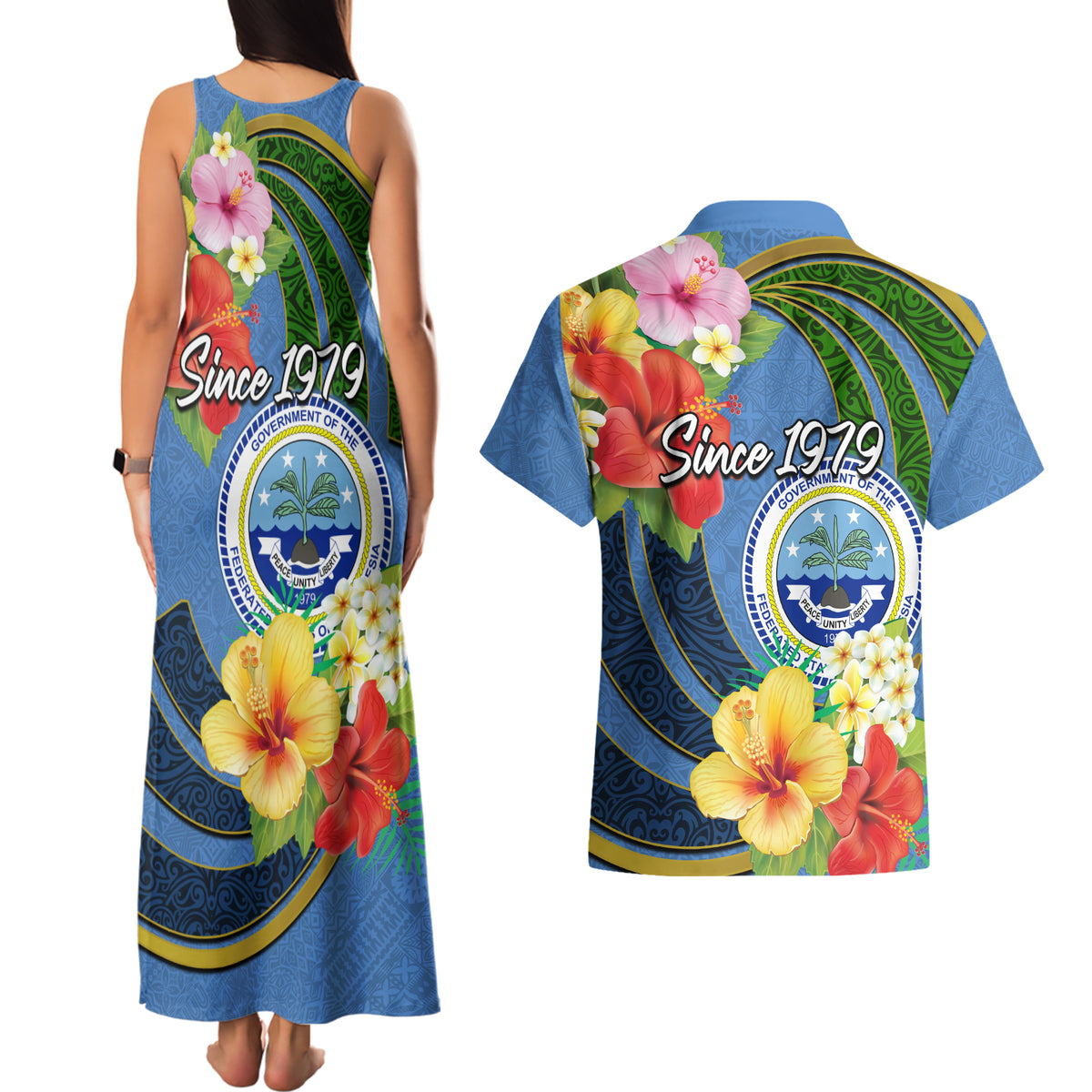 Micronesia Constitution Day Couples Matching Tank Maxi Dress and Hawaiian Shirt Hibiscus and Tapa Tribal Pattern LT03 - Polynesian Pride