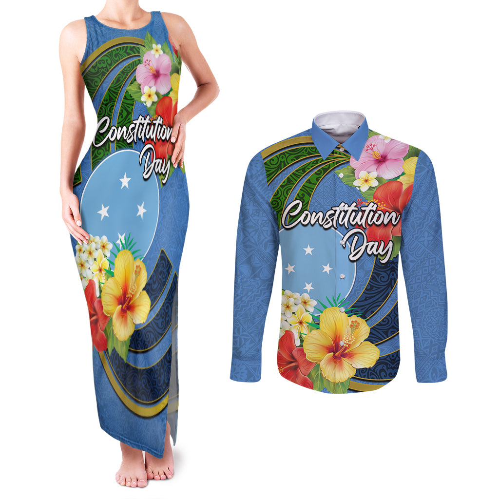 Micronesia Constitution Day Couples Matching Tank Maxi Dress and Long Sleeve Button Shirt Hibiscus and Tapa Tribal Pattern LT03 Blue - Polynesian Pride
