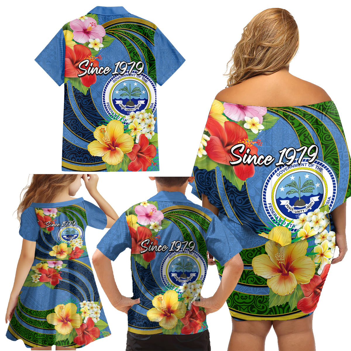 Micronesia Constitution Day Family Matching Off Shoulder Short Dress and Hawaiian Shirt Hibiscus and Tapa Tribal Pattern LT03 - Polynesian Pride