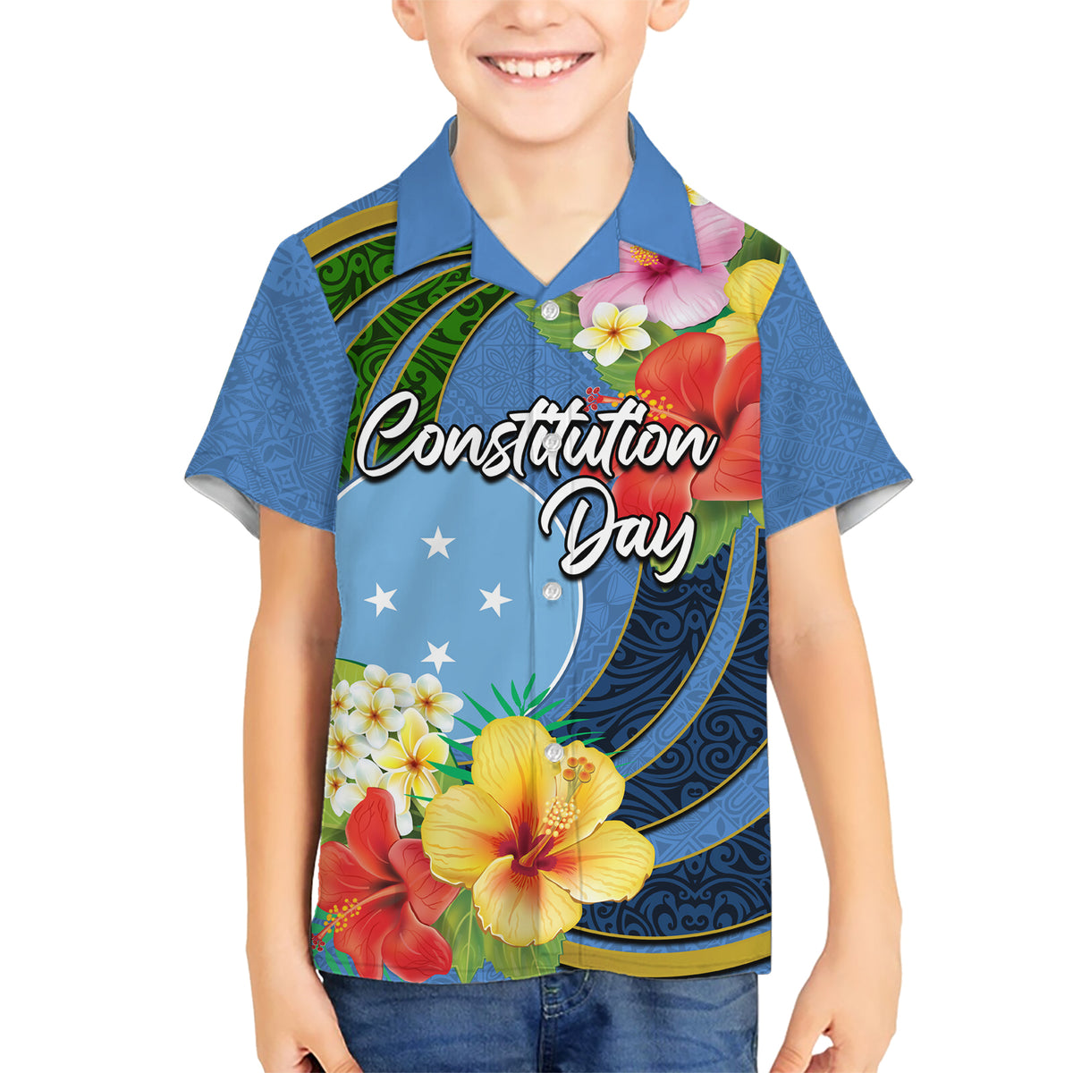 Micronesia Constitution Day Kid Hawaiian Shirt Hibiscus and Tapa Tribal Pattern LT03 Kid Blue - Polynesian Pride