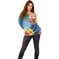 Micronesia Constitution Day Off Shoulder Sweater Hibiscus and Tapa Tribal Pattern LT03 - Polynesian Pride