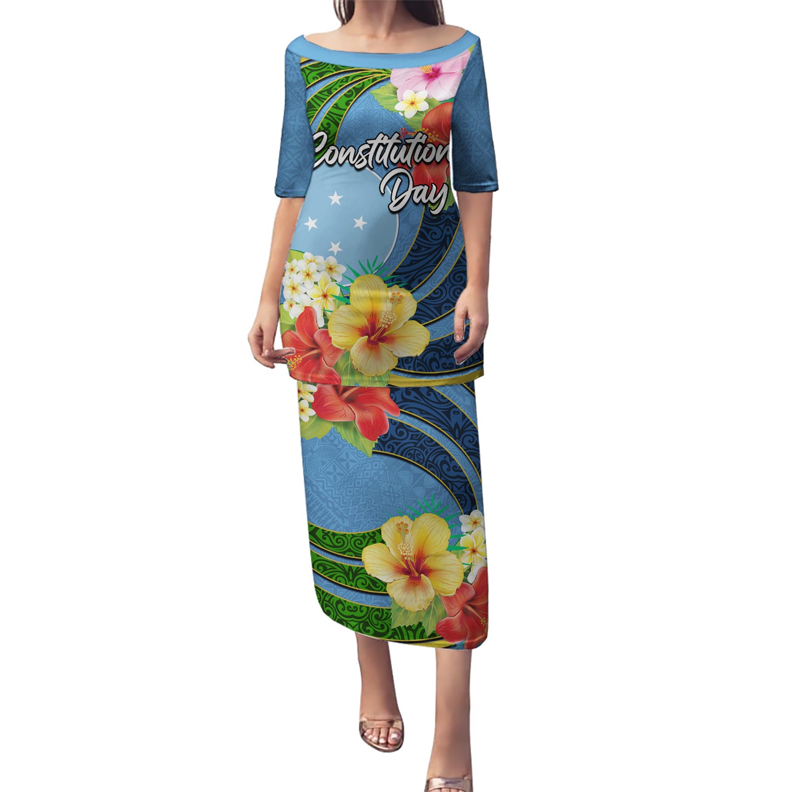 Micronesia Constitution Day Puletasi Hibiscus and Tapa Tribal Pattern LT03 Long Dress Blue - Polynesian Pride