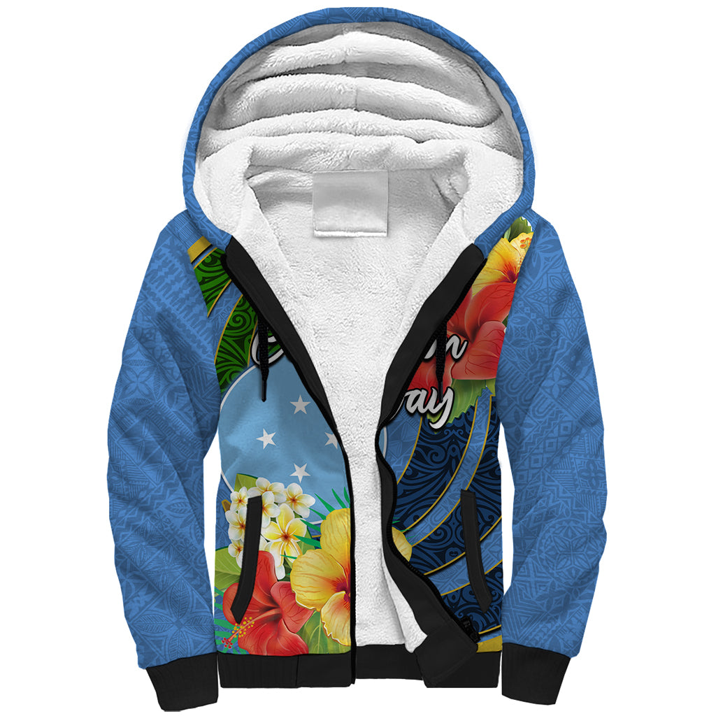 Micronesia Constitution Day Sherpa Hoodie Hibiscus and Tapa Tribal Pattern LT03 Unisex Blue - Polynesian Pride