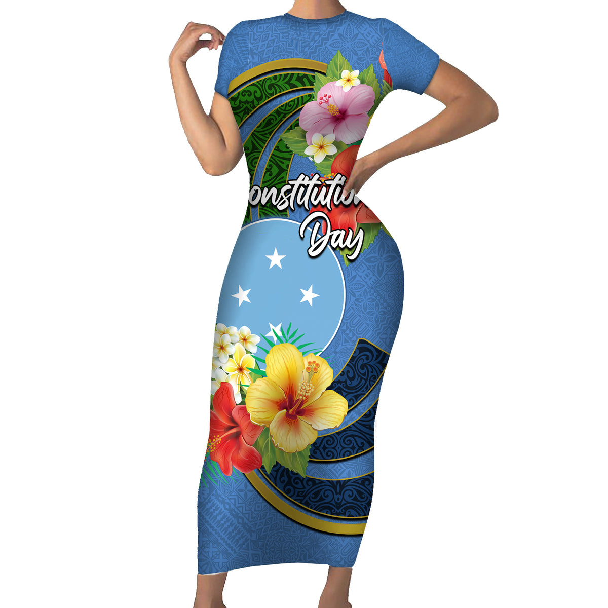Micronesia Constitution Day Short Sleeve Bodycon Dress Hibiscus and Tapa Tribal Pattern LT03 Long Dress Blue - Polynesian Pride