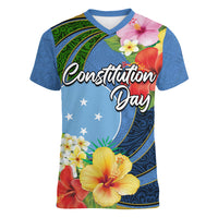 Micronesia Constitution Day Women V Neck T Shirt Hibiscus and Tapa Tribal Pattern LT03 Female Blue - Polynesian Pride