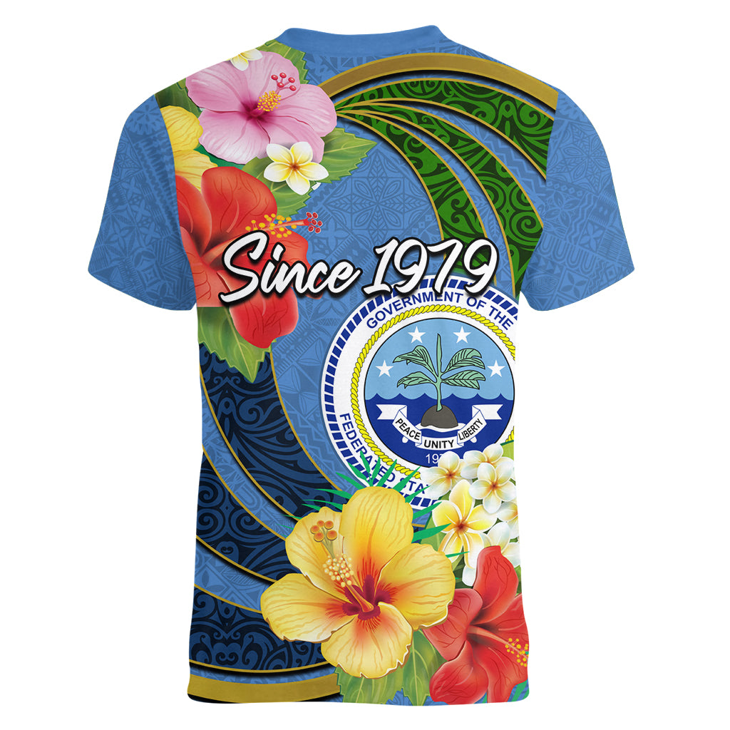 Micronesia Constitution Day Women V Neck T Shirt Hibiscus and Tapa Tribal Pattern LT03 - Polynesian Pride