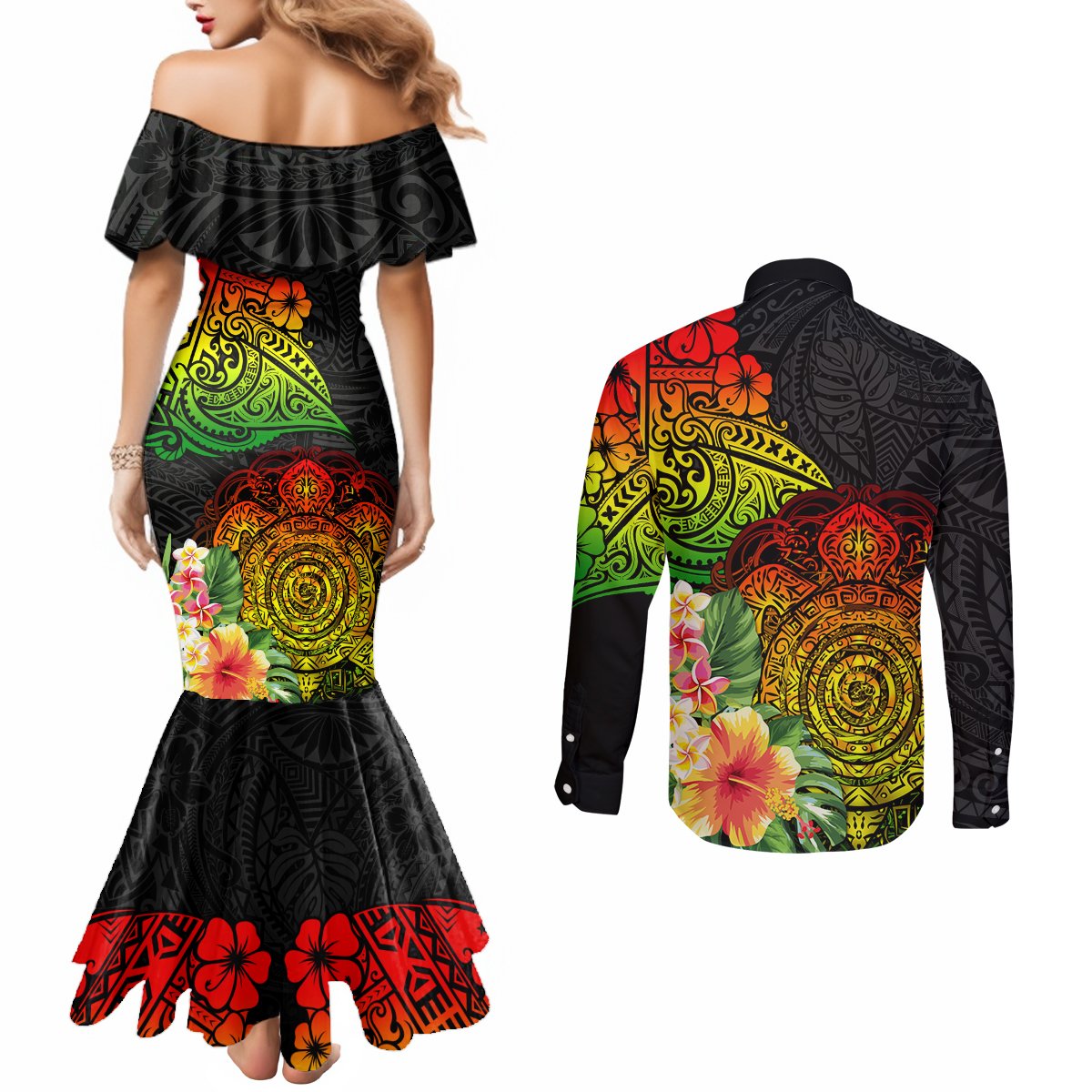 Polynesia Victory Day Couples Matching Mermaid Dress and Long Sleeve Button Shirt Tribal Turtle and Hibiscus LT03 - Polynesian Pride