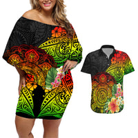 Polynesia Victory Day Couples Matching Off Shoulder Short Dress and Hawaiian Shirt Tribal Turtle and Hibiscus LT03 Reggae - Polynesian Pride