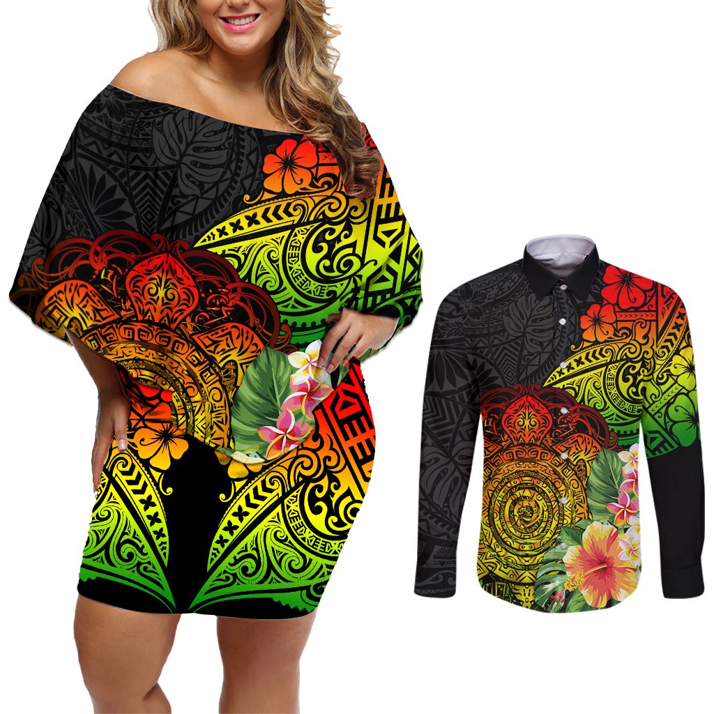 Polynesia Victory Day Couples Matching Off Shoulder Short Dress and Long Sleeve Button Shirt Tribal Turtle and Hibiscus LT03 Reggae - Polynesian Pride