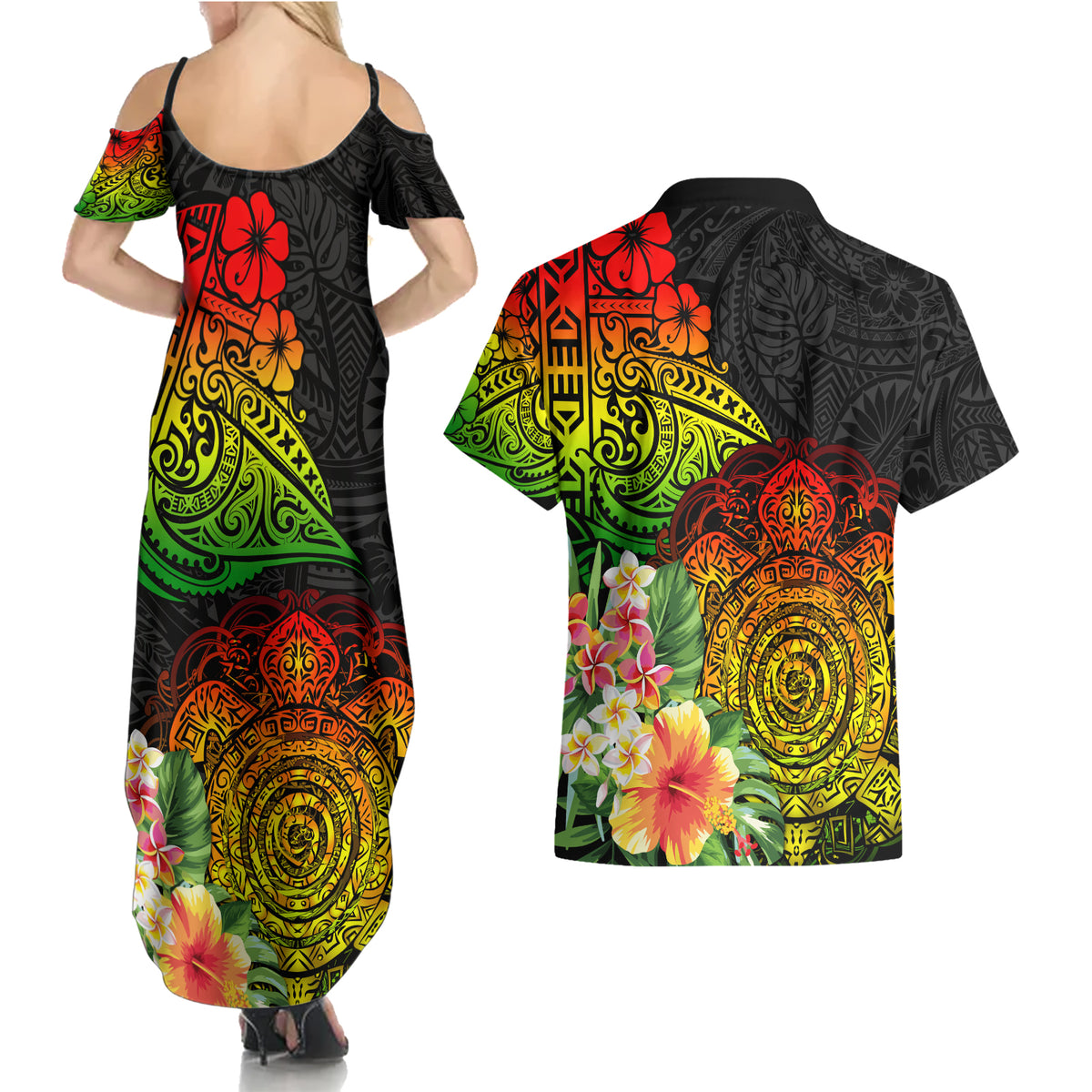 Polynesia Victory Day Couples Matching Summer Maxi Dress and Hawaiian Shirt Tribal Turtle and Hibiscus LT03 - Polynesian Pride