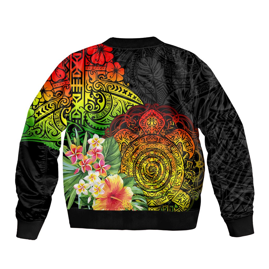 Polynesia Victory Day Sleeve Zip Bomber Jacket Tribal Turtle and Hibiscus LT03 - Polynesian Pride