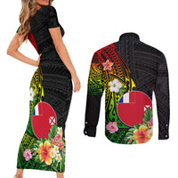 Wallis and Futuna Victory Day Couples Matching Short Sleeve Bodycon Dress and Long Sleeve Button Shirt Tribal Polynesian Tattoo and Hibiscus Flower LT03 - Polynesian Pride