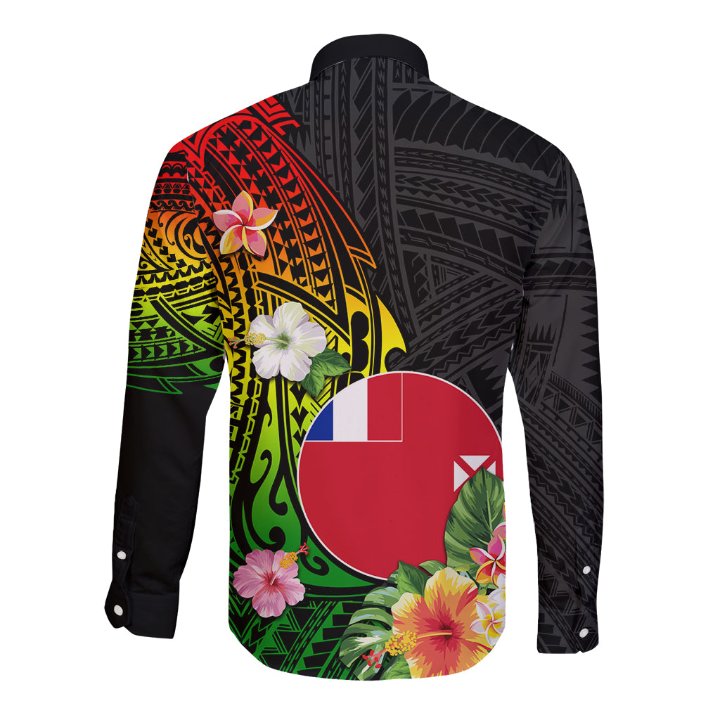 Wallis and Futuna Victory Day Long Sleeve Button Shirt Tribal Polynesian Tattoo and Hibiscus Flower LT03 - Polynesian Pride