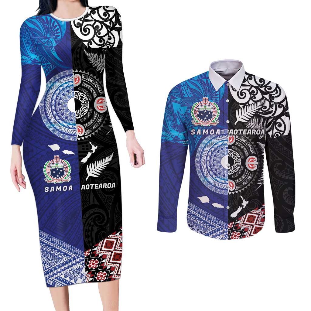 Samoa and Aotearoa Together Couples Matching Long Sleeve Bodycon Dress and Long Sleeve Button Shirt Tatau Art Tattoos-Taniko and Maori with Fern
