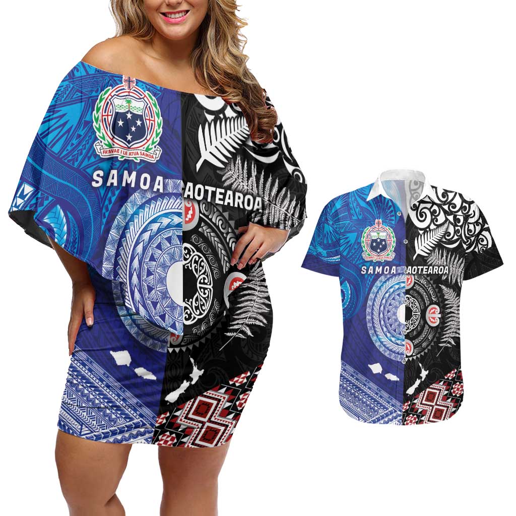 Samoa and Aotearoa Together Couples Matching Off Shoulder Short Dress and Hawaiian Shirt Tatau Art Tattoos-Taniko and Maori with Fern