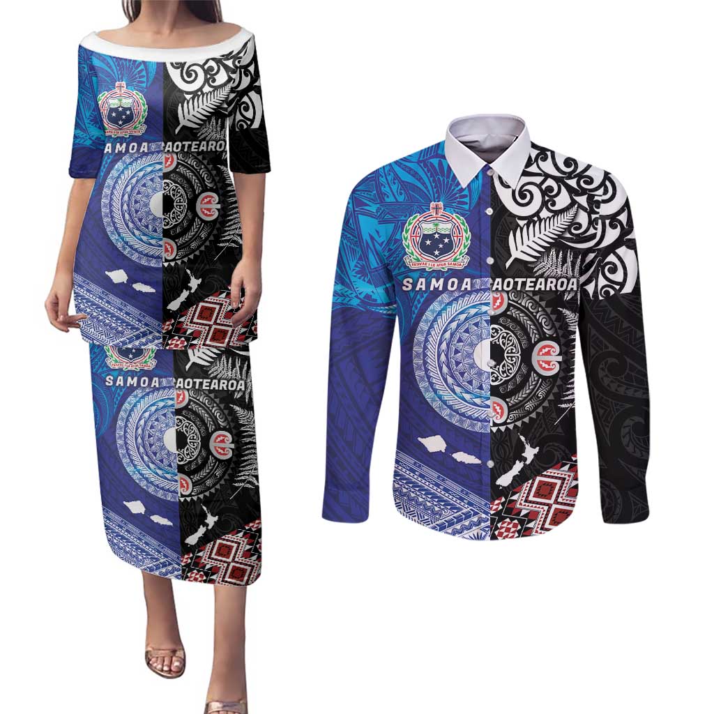 Samoa and Aotearoa Together Couples Matching Puletasi and Long Sleeve Button Shirt Tatau Art Tattoos-Taniko and Maori with Fern