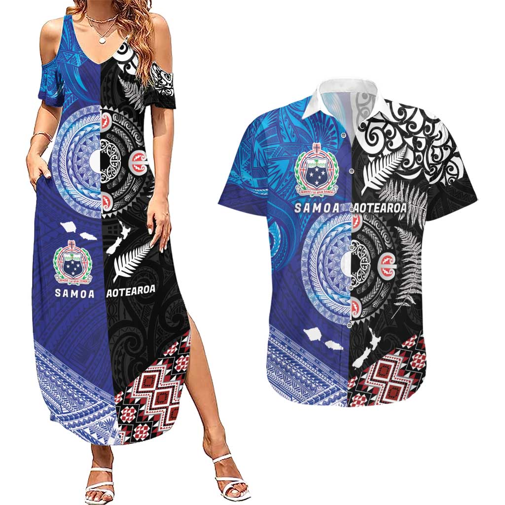 Samoa and Aotearoa Together Couples Matching Summer Maxi Dress and Hawaiian Shirt Tatau Art Tattoos-Taniko and Maori with Fern