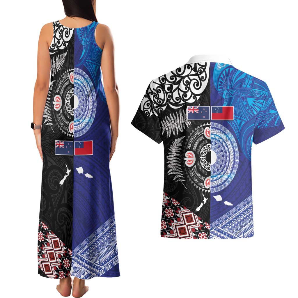 Samoa and Aotearoa Together Couples Matching Tank Maxi Dress and Hawaiian Shirt Tatau Art Tattoos-Taniko and Maori with Fern