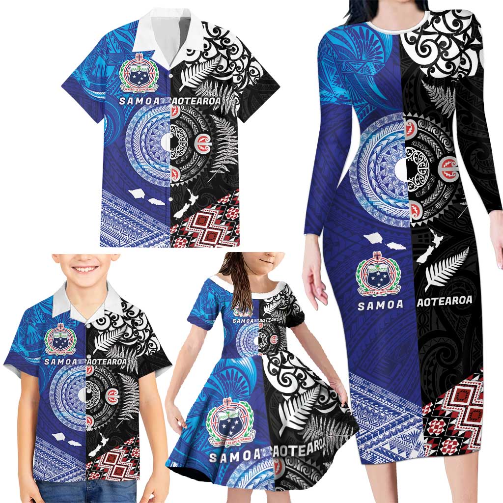 Samoa and Aotearoa Together Family Matching Long Sleeve Bodycon Dress and Hawaiian Shirt Tatau Art Tattoos-Taniko and Maori with Fern LT03 - Polynesian Pride