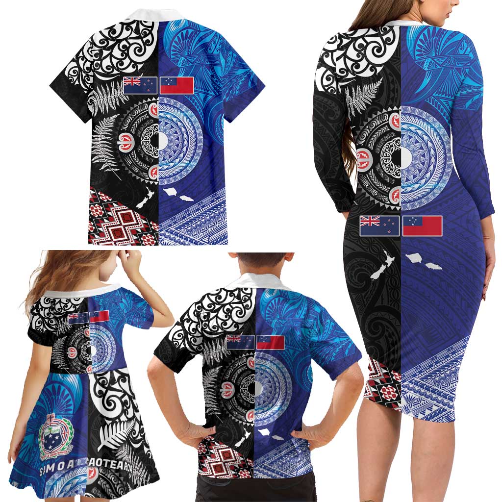 Samoa and Aotearoa Together Family Matching Long Sleeve Bodycon Dress and Hawaiian Shirt Tatau Art Tattoos-Taniko and Maori with Fern LT03 - Polynesian Pride