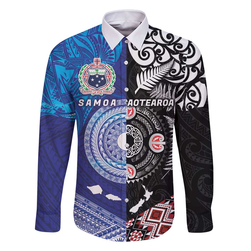 Samoa and Aotearoa Together Family Matching Long Sleeve Bodycon Dress and Hawaiian Shirt Tatau Art Tattoos-Taniko and Maori with Fern LT03 Dad's Shirt - Long Sleeve Black - Polynesian Pride