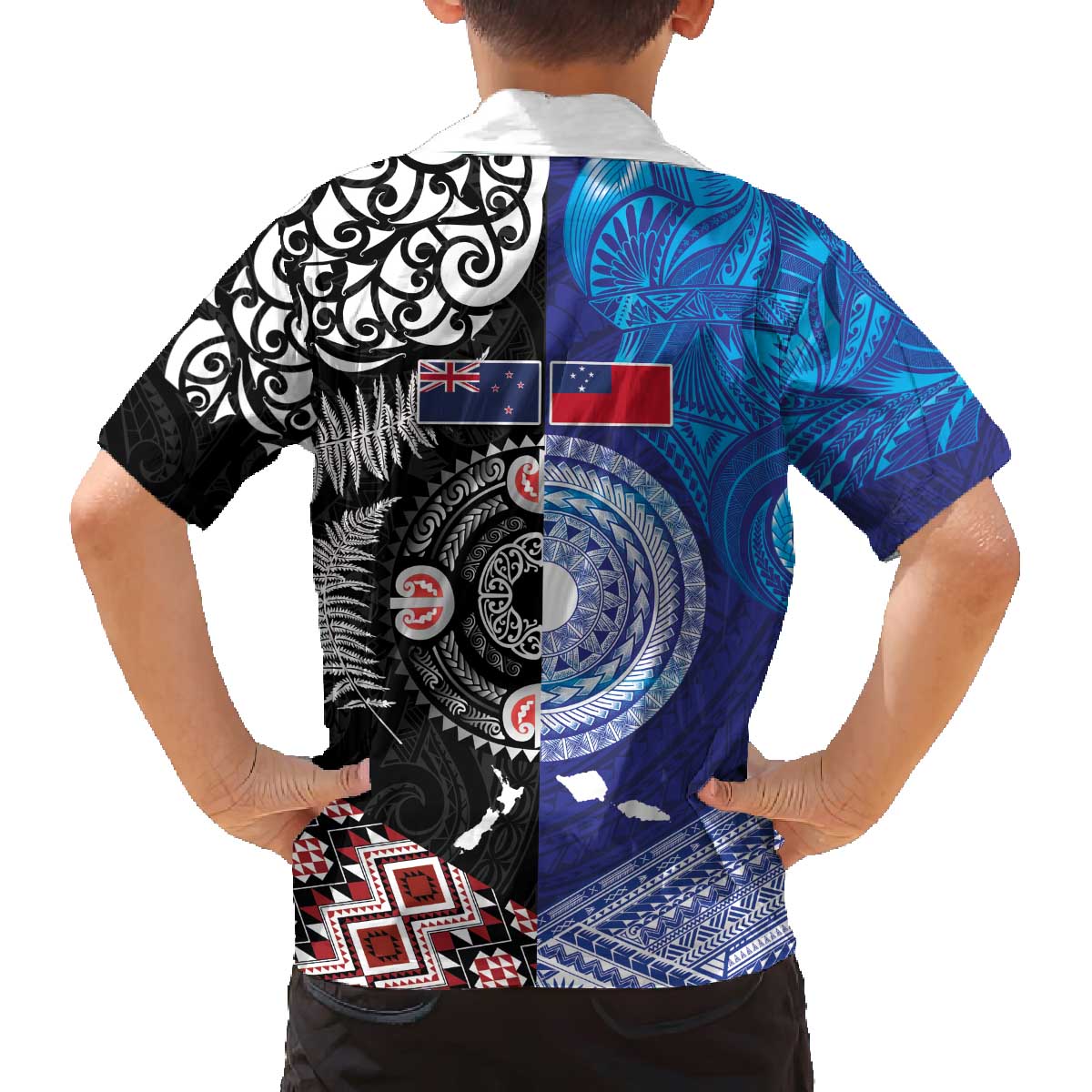 Samoa and Aotearoa Together Family Matching Off The Shoulder Long Sleeve Dress and Hawaiian Shirt Tatau Art Tattoos-Taniko and Maori with Fern LT03 - Polynesian Pride