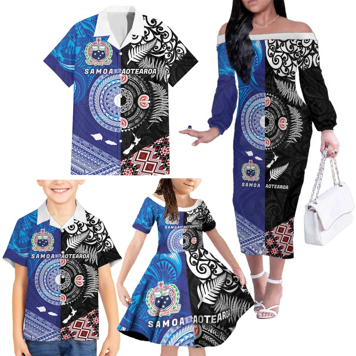 Samoa and Aotearoa Together Family Matching Off The Shoulder Long Sleeve Dress and Hawaiian Shirt Tatau Art Tattoos-Taniko and Maori with Fern LT03 - Polynesian Pride