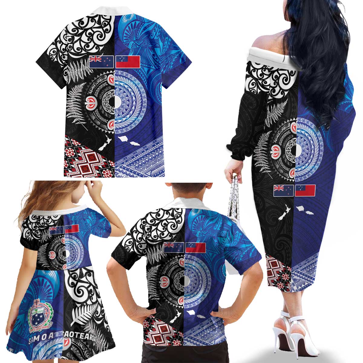 Samoa and Aotearoa Together Family Matching Off The Shoulder Long Sleeve Dress and Hawaiian Shirt Tatau Art Tattoos-Taniko and Maori with Fern LT03 - Polynesian Pride