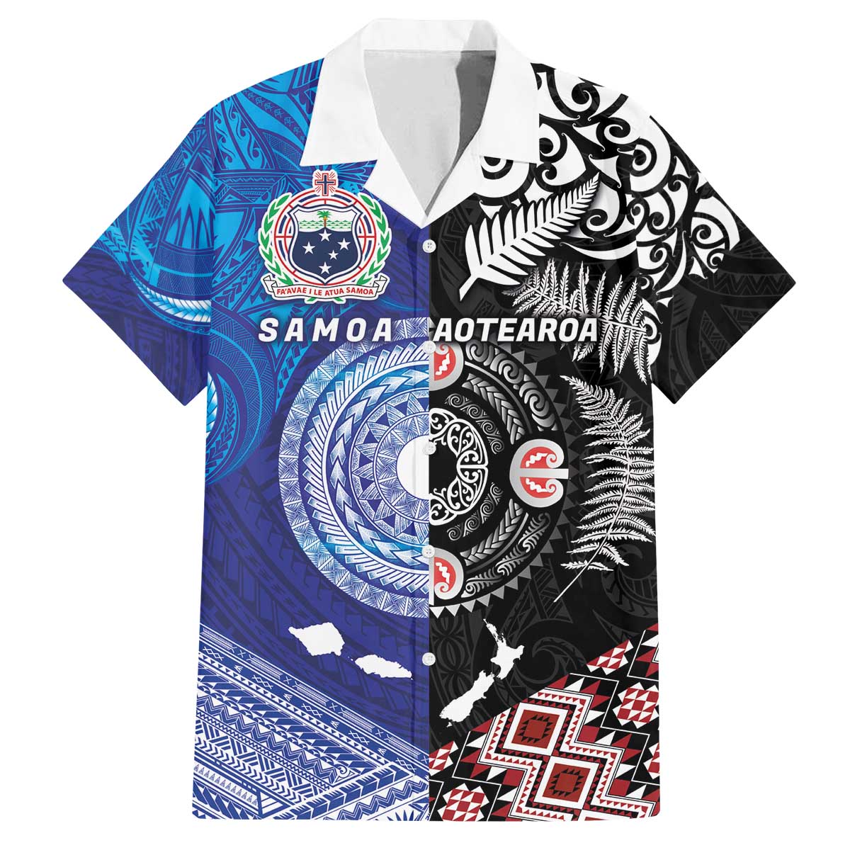 Samoa and Aotearoa Together Family Matching Off The Shoulder Long Sleeve Dress and Hawaiian Shirt Tatau Art Tattoos-Taniko and Maori with Fern LT03 Dad's Shirt - Short Sleeve Black - Polynesian Pride
