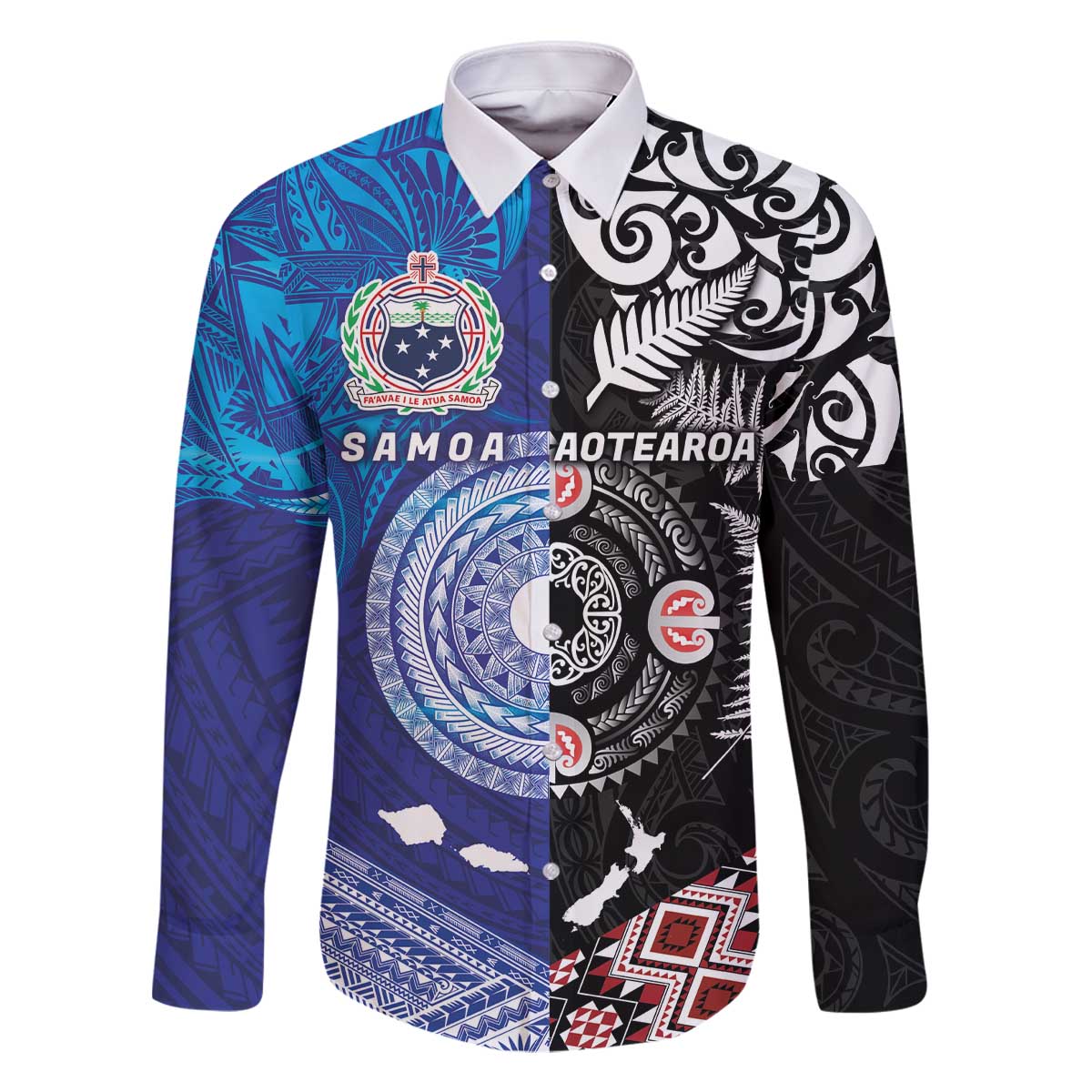 Samoa and Aotearoa Together Family Matching Off The Shoulder Long Sleeve Dress and Hawaiian Shirt Tatau Art Tattoos-Taniko and Maori with Fern LT03 Dad's Shirt - Long Sleeve Black - Polynesian Pride