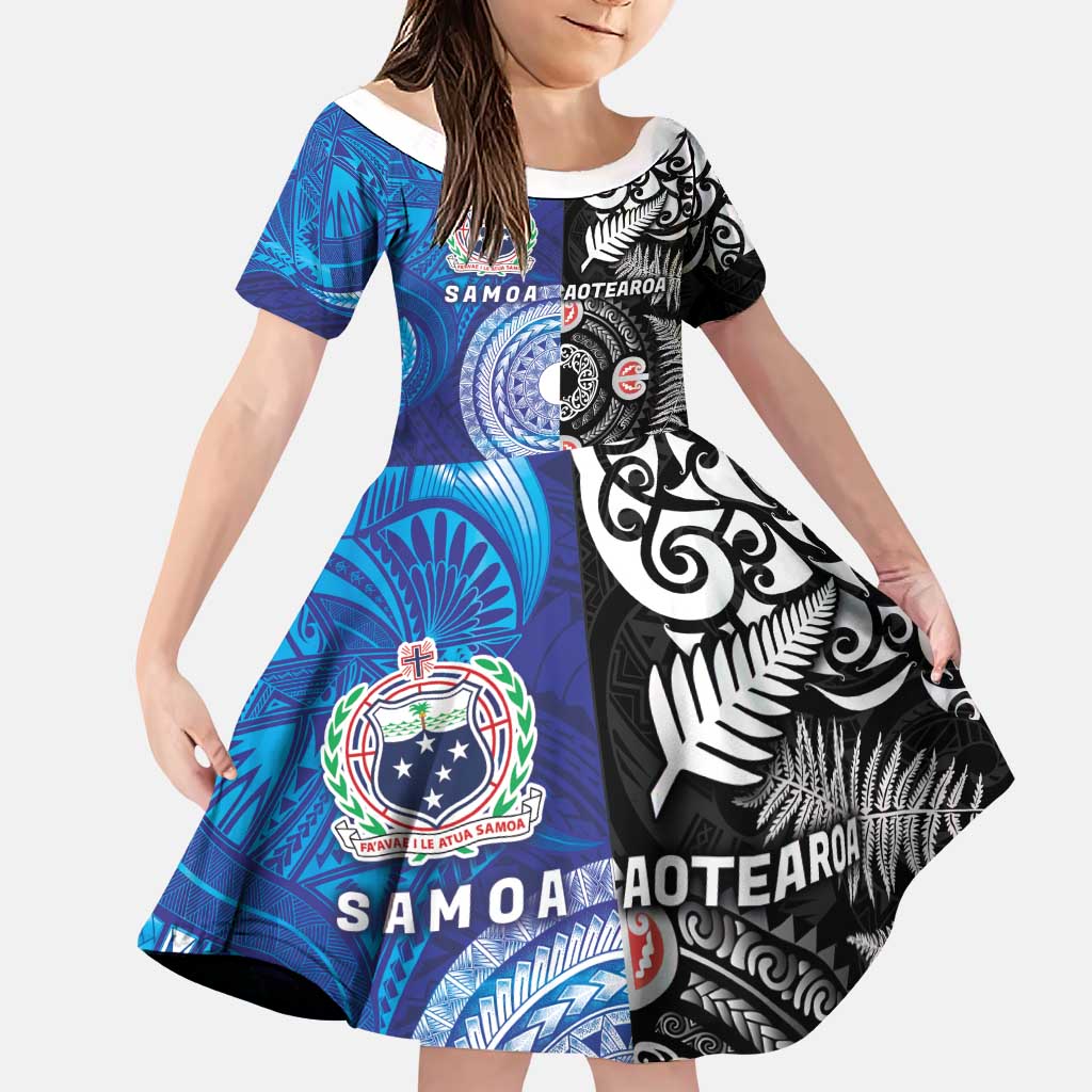 Samoa and Aotearoa Together Family Matching Puletasi and Hawaiian Shirt Tatau Art Tattoos-Taniko and Maori with Fern LT03 Daughter's Dress Black - Polynesian Pride