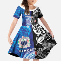 Samoa and Aotearoa Together Family Matching Puletasi and Hawaiian Shirt Tatau Art Tattoos-Taniko and Maori with Fern LT03 Daughter's Dress Black - Polynesian Pride