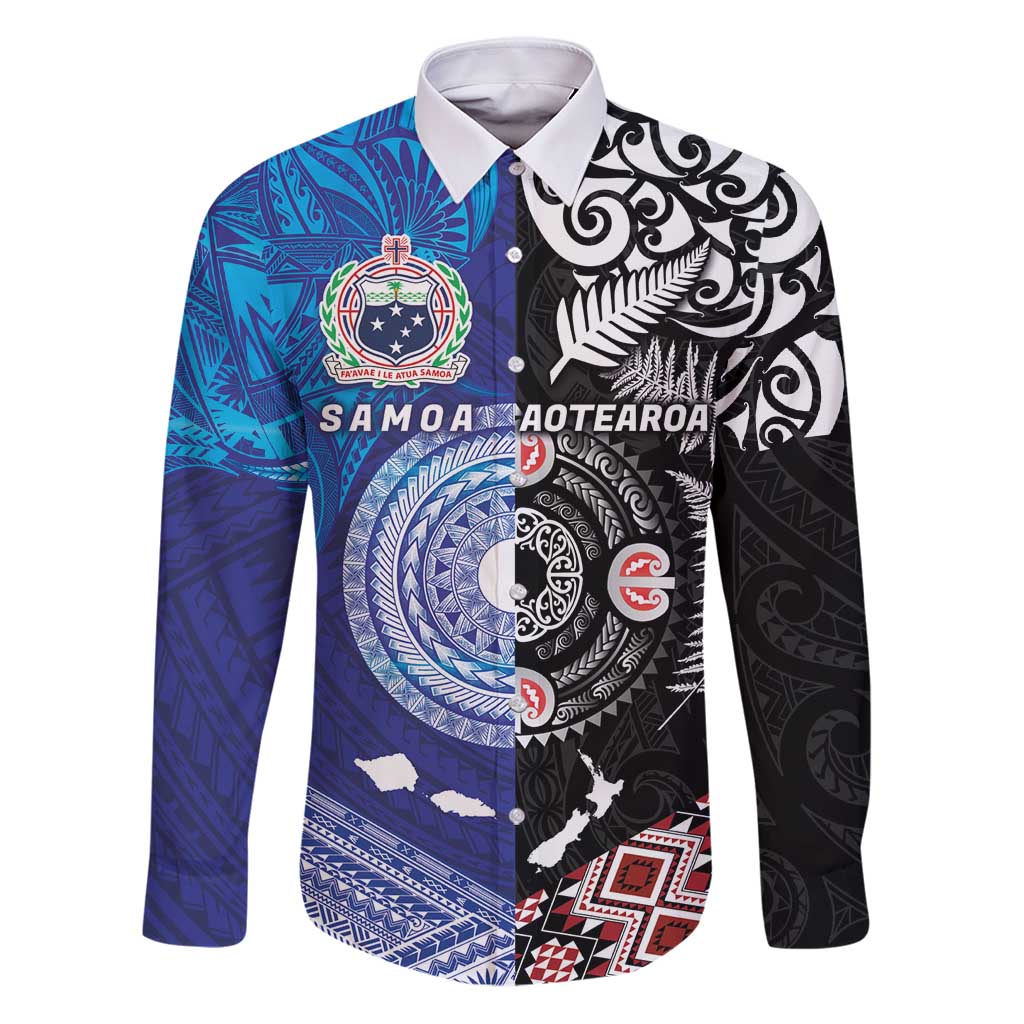 Samoa and Aotearoa Together Family Matching Puletasi and Hawaiian Shirt Tatau Art Tattoos-Taniko and Maori with Fern LT03 Dad's Shirt - Long Sleeve Black - Polynesian Pride