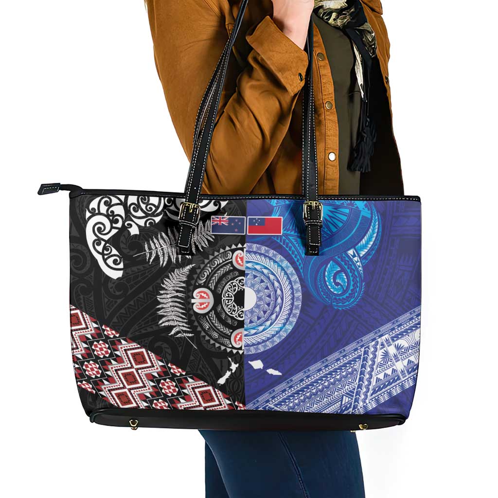 Samoa and Aotearoa Together Leather Tote Bag Tatau Art Tattoos-Taniko and Maori with Fern