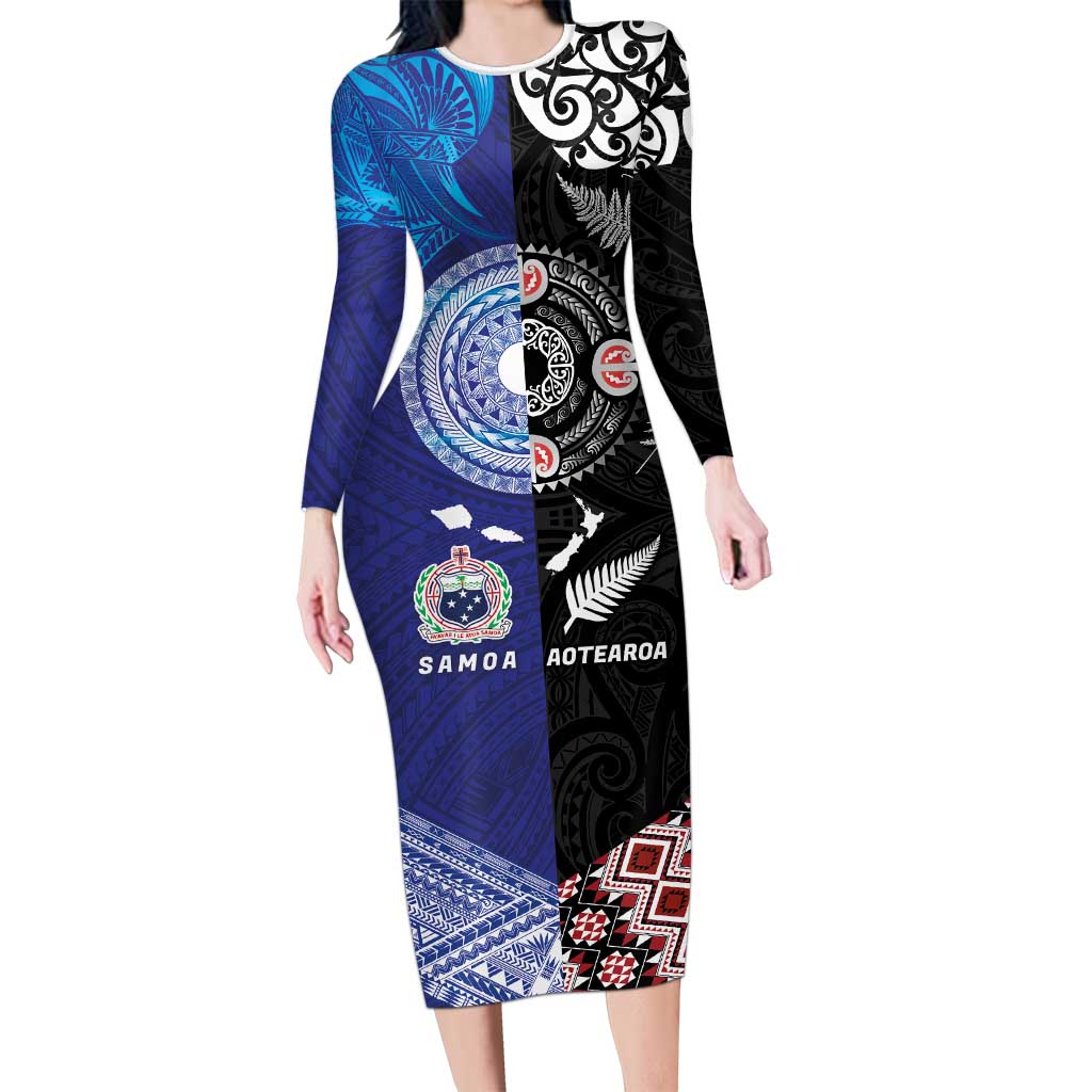 Samoa and Aotearoa Together Long Sleeve Bodycon Dress Tatau Art Tattoos-Taniko and Maori with Fern