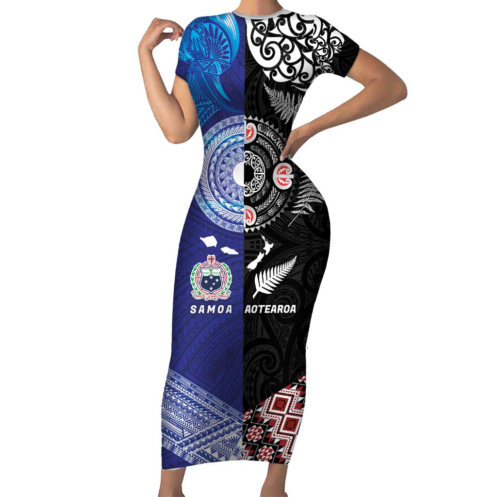 Samoa and Aotearoa Together Short Sleeve Bodycon Dress Tatau Art Tattoos-Taniko and Maori with Fern